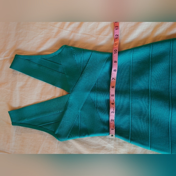 NWOT Bright Teal HERVE LEGER V- Neck Mini Bandage Dress XS $790 - Picture 7 of 14
